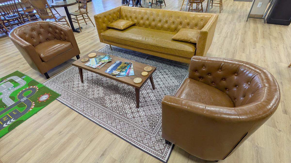 The comfy seating arrangement at Good Ground Coffeehouse reminds owner Angela Lindquist of Central Perk on “Friends.”