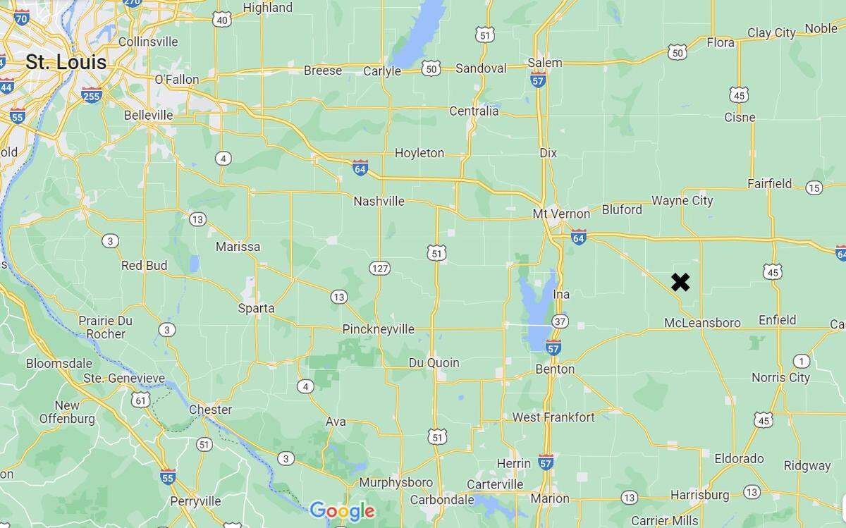 An X marks the location of a Hamilton County Coal facility, southeast of Mt. Vernon, where one employee was killed and five were sent to the hospital in two separate incidents on Saturday.