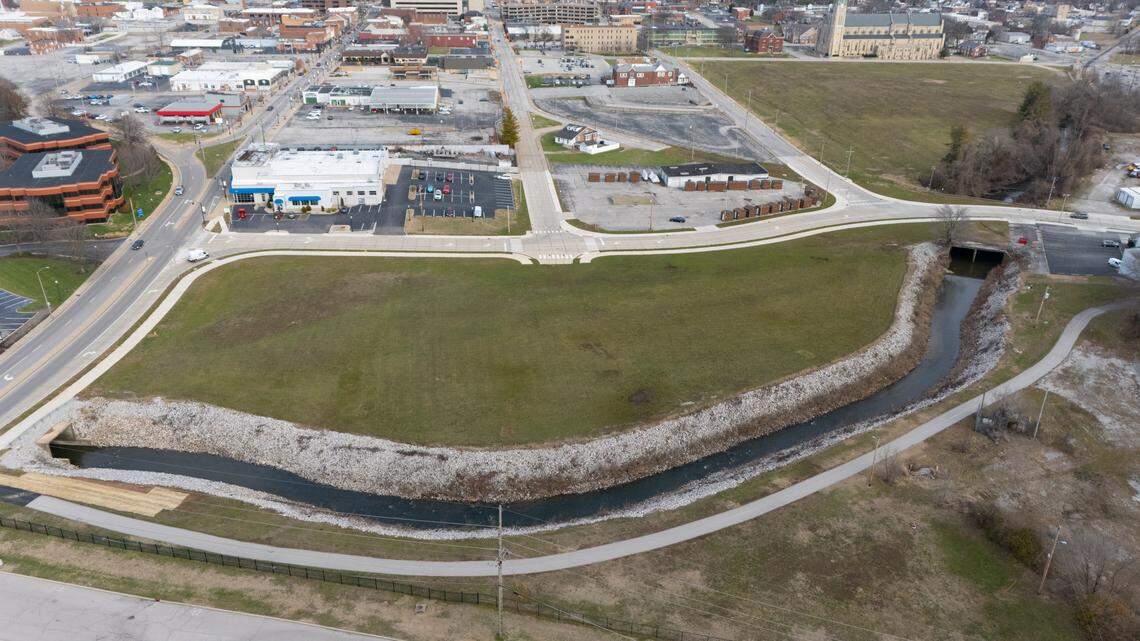 Off the 600 block of West Main Street in Belleville, where the city may establish a new park along Richland Creek. A feature of the park may include a stage that would be surrounded by stone columns recovered from the former St. Clair County Courthouse. This land is the site of a former factory that produced gas from coal and in recent years the area was cleaned by Ameren Illinois.