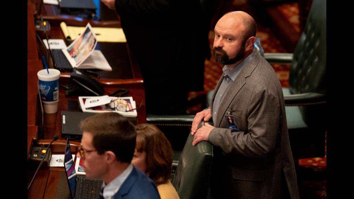 Rep. Kevin Schmidt, R-Millstadt, on Feb. 21 before Gov. J.B. Pritzker’s budget address at the Capitol in Springfield.