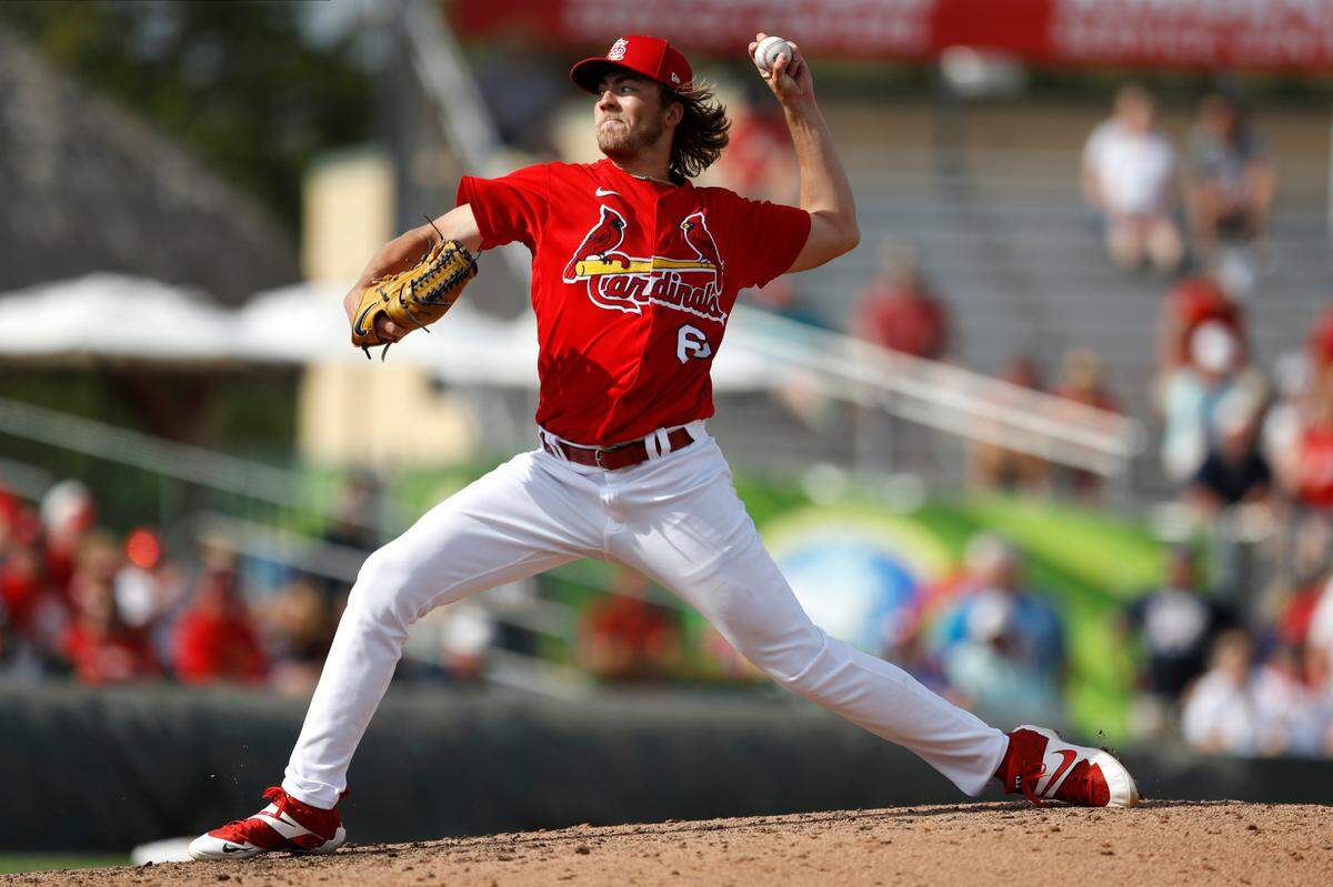 St. Louis Cardinals pitcher Matt Liberatore throws a pitch to the Houston Astros during the seventh inning of a spring training baseball game, Tuesday, March 3, 2020, in Jupiter, Fla. (AP Photo/Julio Cortez)