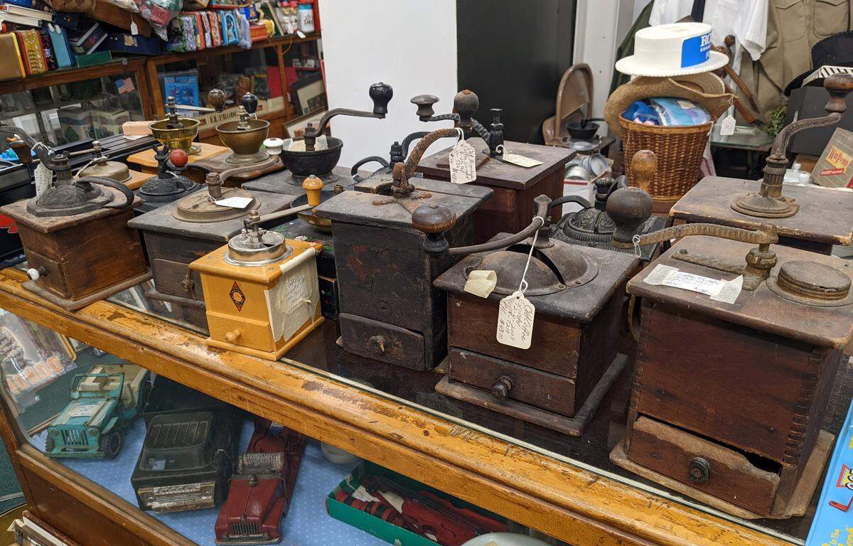 A grouping of coffee grinders at J&P’s Edelweiss