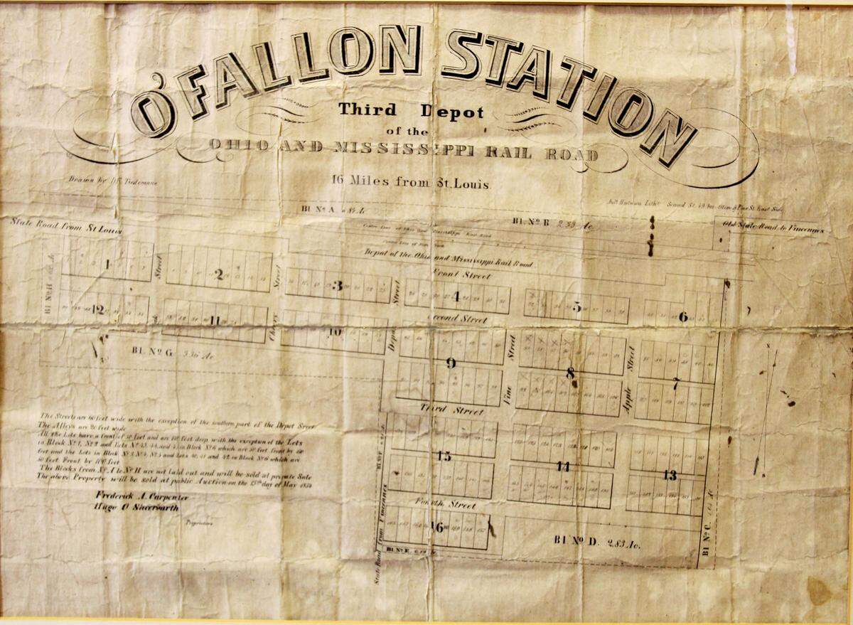 O’Fallon Station was the original name of O’Fallon when it was first laid out in 1854 as a settlement around the Ohio & Mississippi Railroad Depot. This is the first map the town.
