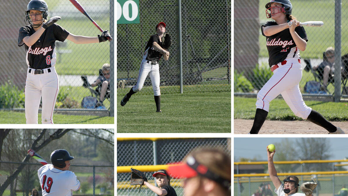 Highland High School softball players who earned All-Mississippi Valley Conference First Team honors were, clockwise from top left, Khourtney Zobrist, Hannah Sullens, Lily Garbett, Sam Miener and Breann Wernle. Colten Knebel, lower left, was also named to the All-MVC First Team in baseball.