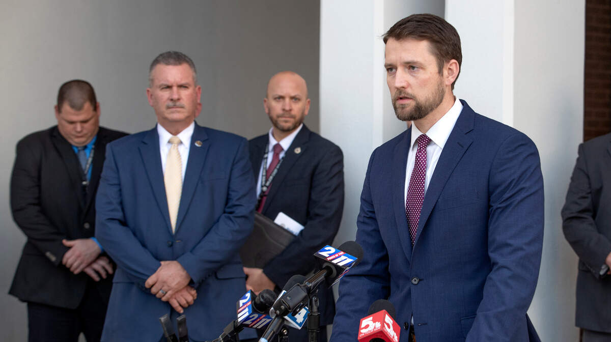 Madison County State’s Attorney Tom Haine announces first-degree murder charges against two men in a fatal shooting in State Park Place, near Collinsville, at a news conference on Tuesday in Edwardsville.