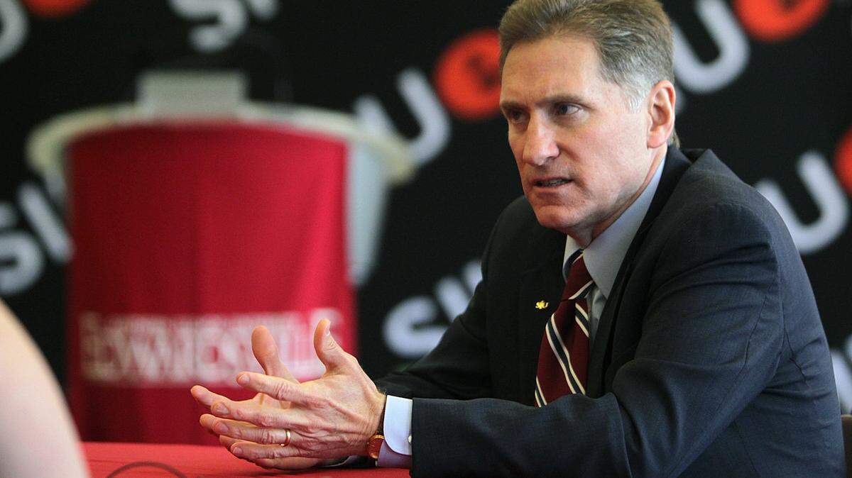 In this 2014 file photo, SIU President Randy Dunn speaks at his press conference in Edwardsville.