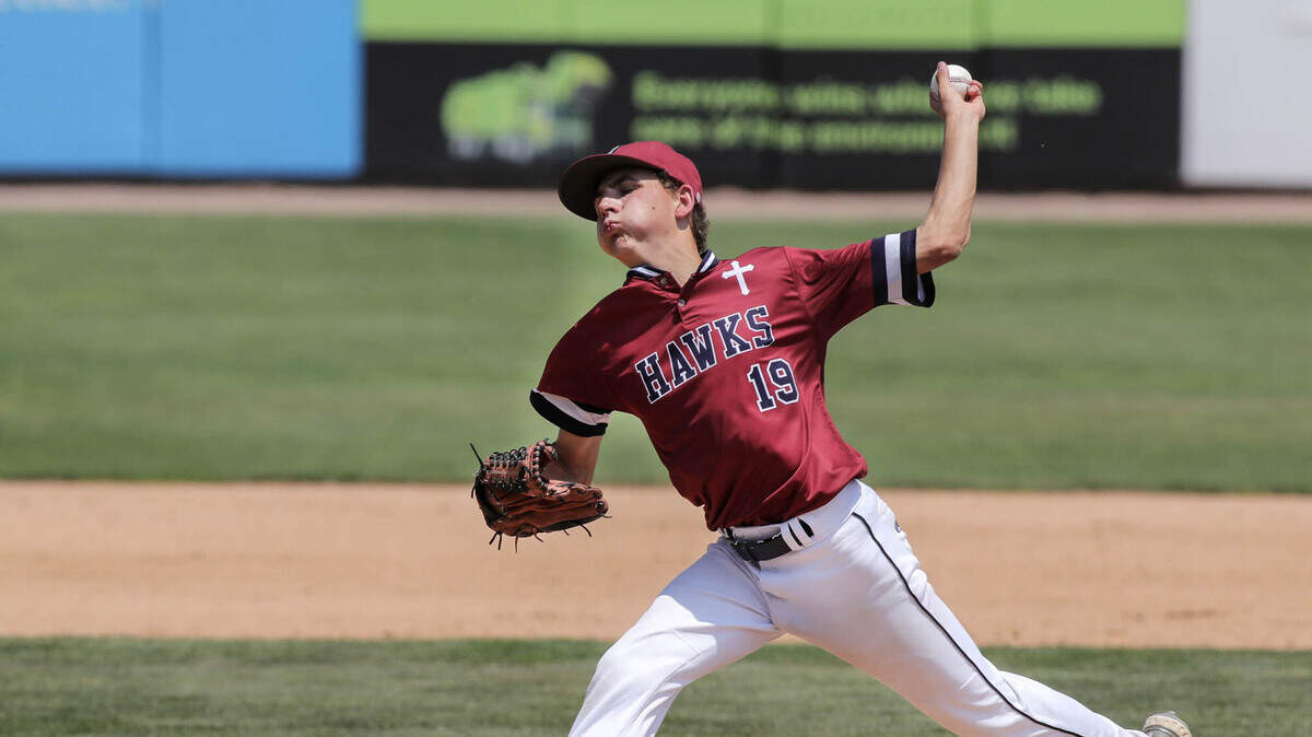 Gibault’s Brady Biffar delivers a pitch during the IHSA Class 1A state championship game against Henry H-Senachwine at Dozer Park in Peoria. Biffar helped pitch the Hawks to an 8-0 win in the title game and, for his performance this season, was voted as the Belleville News-Democrat’s 2023 Baseball Player of the Year, as selected by readers of bnd.com.