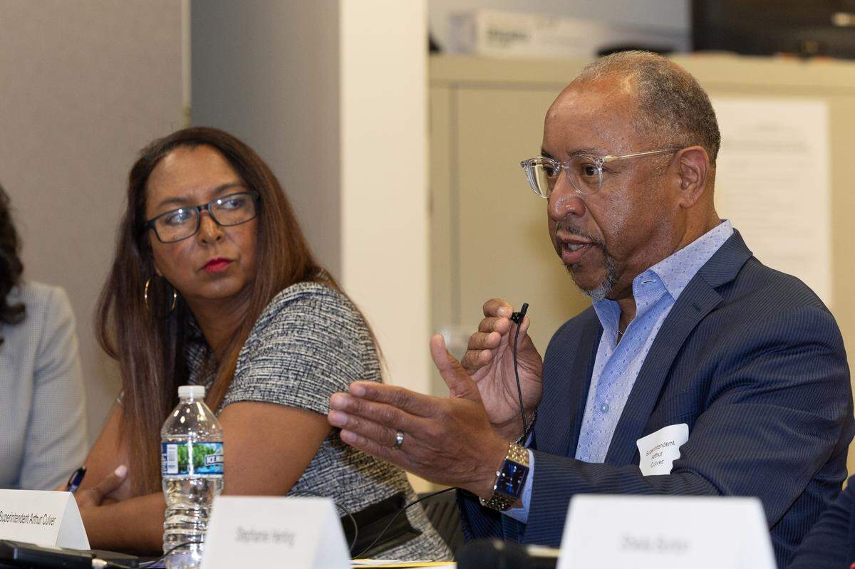 Arthur Culver, superintendent of East St. Louis School District 189, talks about the challenges students living in poverty face during a forum on child poverty in East St. Louis, Ill., on Sept. 10, 2024.