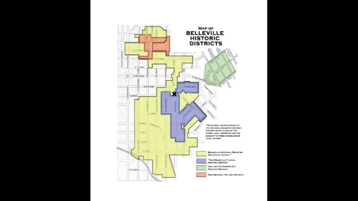An X on this map marks the location of a Mascoutah Avenue building and vacant lot that are part of a redevelopment proposal. They’re on the edge of Old Belleville Historic District, shaded in purple.