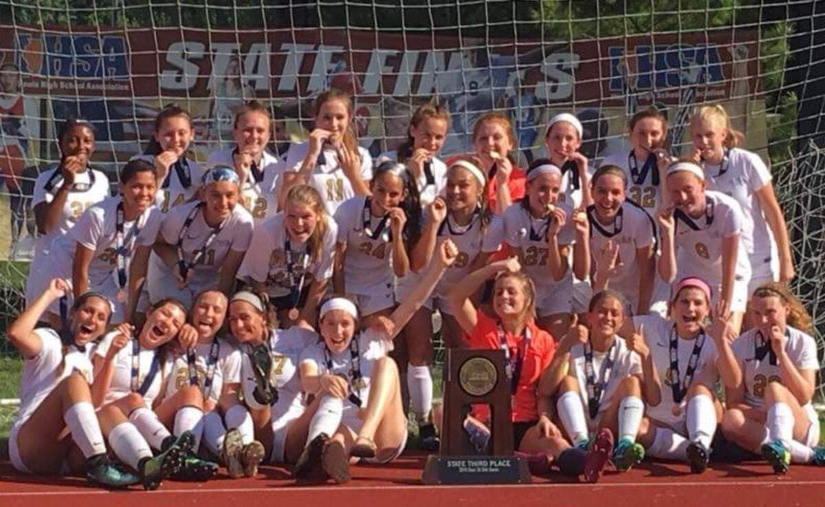 O'Fallon resident Natalyn Gorazd graduated first in her class as one of five female valedictorians Sunday, May 20 from Althoff Catholic High School in Belleville. Pictured here, Natalyn, far left of front row, with fellow soccer players after taking third place at the Illinois High School Association 2018 Class 1A state competition.