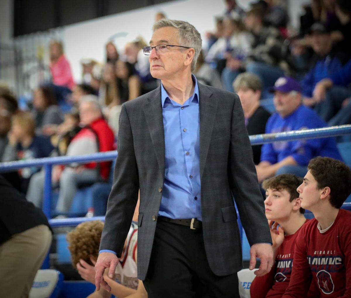 Gibault head coach Dennis Rueter looks on as his team competes in a game earlier this season. Rueter’s club rolled past Cornerstone Christian on Thursday morning in the IHSA Class 1A state semifinals at State Farm Center in Champaign and will play for the state title Saturday.