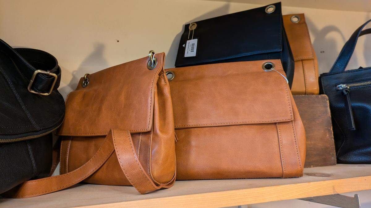 Close-up of vegan purses at Circa in downtown Belleville