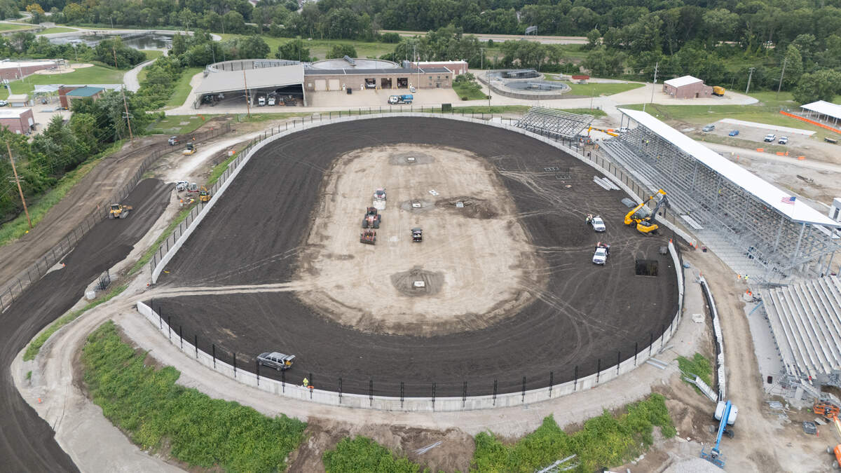 This drone photograph shows progress on the Belle-Clair Speedway racetrack as of June 22, 2026.