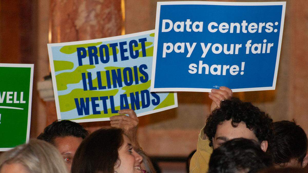 Environmental advocates rally for greater data center regulation in Illinois at the Capitol in April.