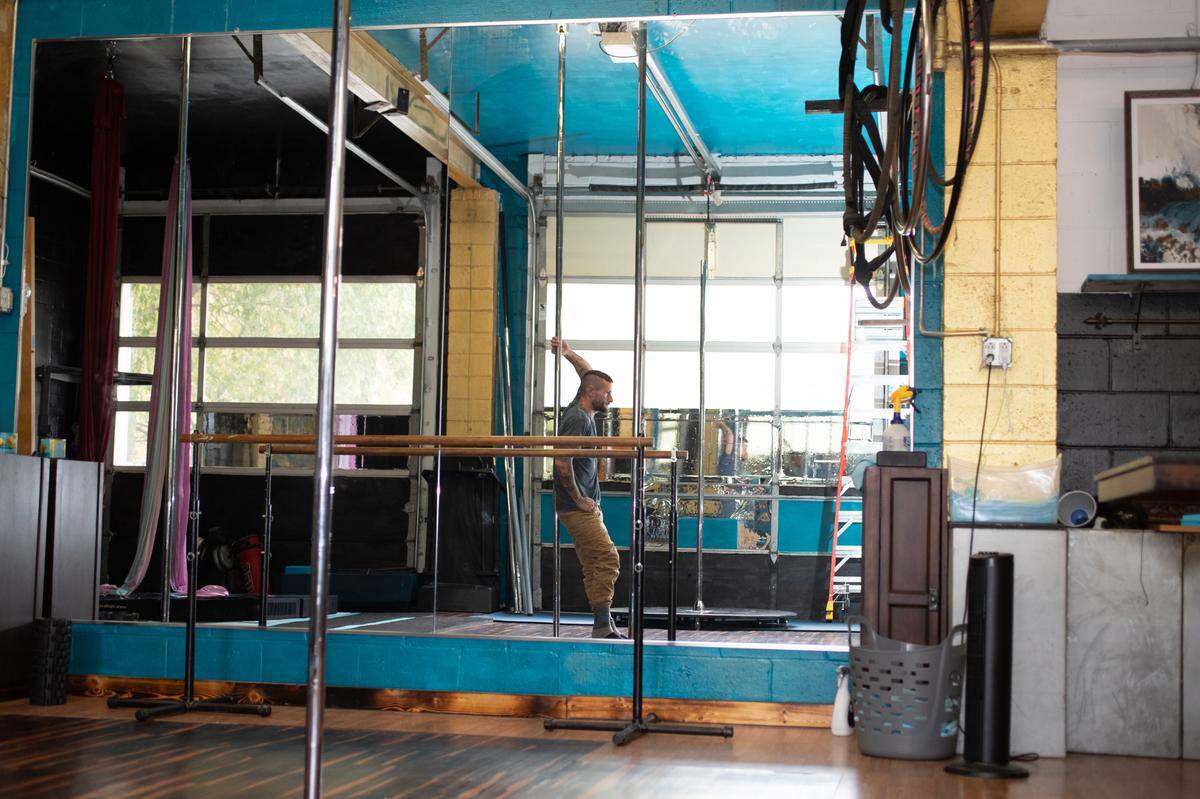 Brian Lynch in his Belleville, Ill., studio, Valkyrie Aerial Arts.