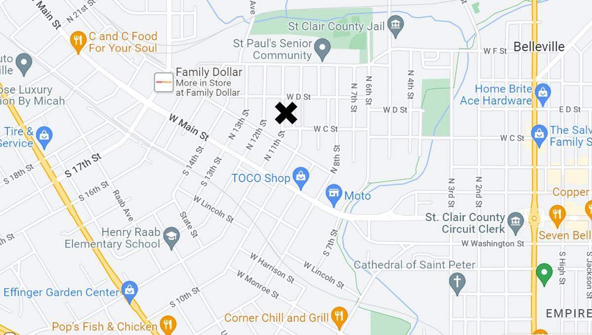 An X marks the location of homes at 214 and 218 N. 11th St. that the city of Belleville is preparing for demolition. Many more in the neighborhood are deteriorating. Some are boarded up.
