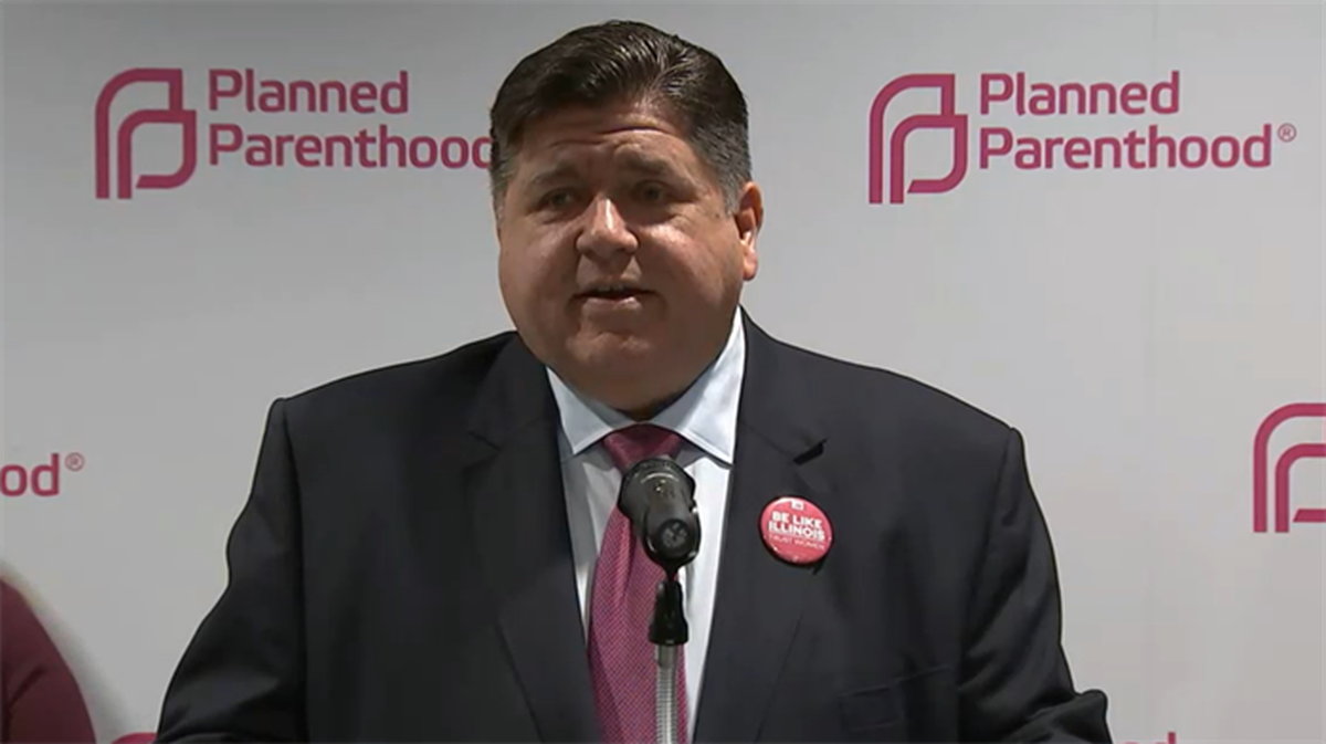 Gov. J.B. Pritzker speaks at a campaign-sponsored news conference Tuesday, saying abortion rights will be a central issue in the 2022 elections.