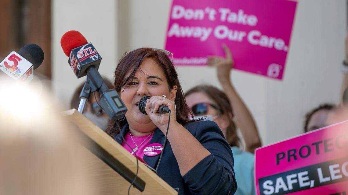 Yamelsie Rodríguez, President and CEO at Planned Parenthood of the St. Louis Region and Southwest Missouri, speaks during the Stop the Bans Coalition rally in response to Texas’ Abortion Ban. The rally was held on the Old Courthouse steps in St. Louis.