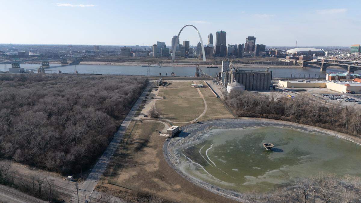 This drone image shows Malcolm. W. Martin park in East St. Louis with St. Louis in the background.
