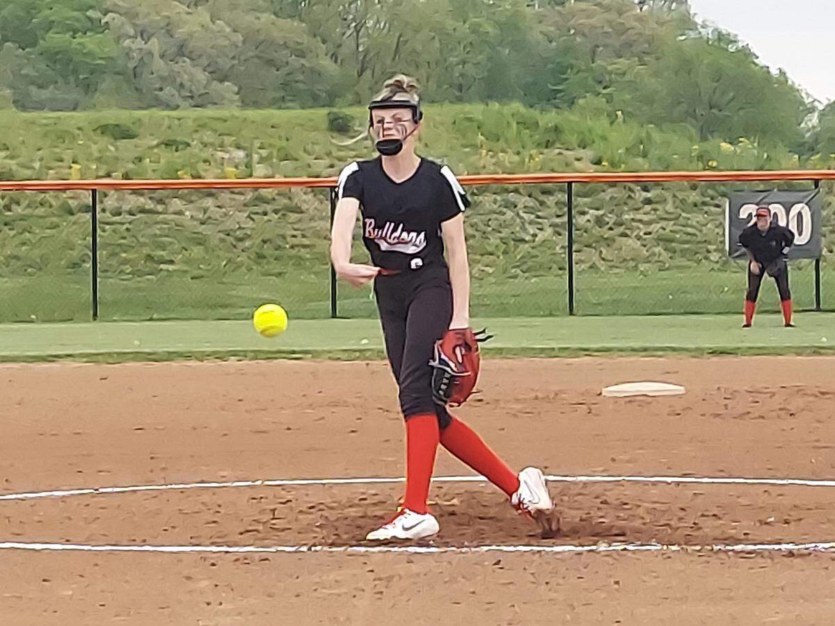 Highland High School pitcher Sophia Donoho spins a pitch toward home plate during a Mississippi Valley Conference game at Waterloo High School earlier this spring. Donoho and Lady Bulldogs fell to Mahomet-Seymour in the IHSA Class 3A super-sectional at Millikin University in Decatur to finish the campaign at 22-10.