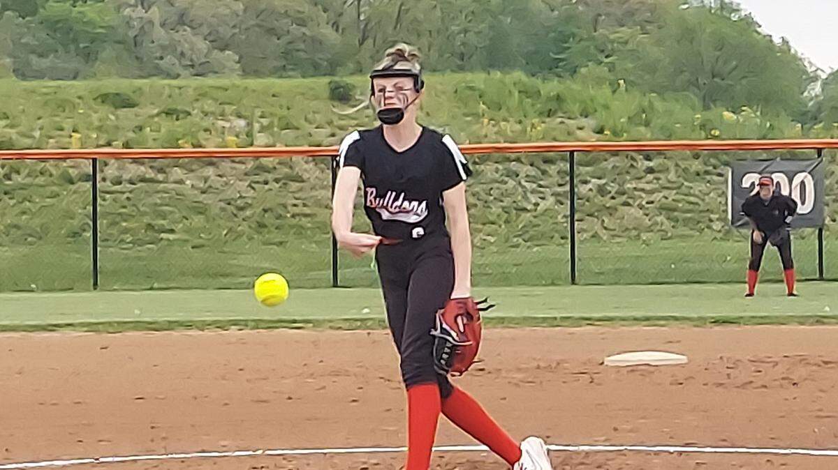 Highland High School pitcher Sophia Donoho spins a pitch toward home plate during a Mississippi Valley Conference game at Waterloo High School earlier this spring. Donoho is the winner of this week’s Belleville News-Democrat Softball Player of the Week high school poll, as selected by readers of bnd.com.