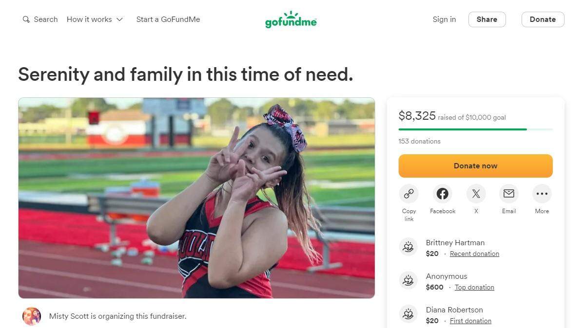 A GoFundMe campaign had raised $8,350 for Serenity McMillan’s family by early Tuesday afternoon. The eighth-grader lost both her legs after being hit by a train on Friday in Granite City.