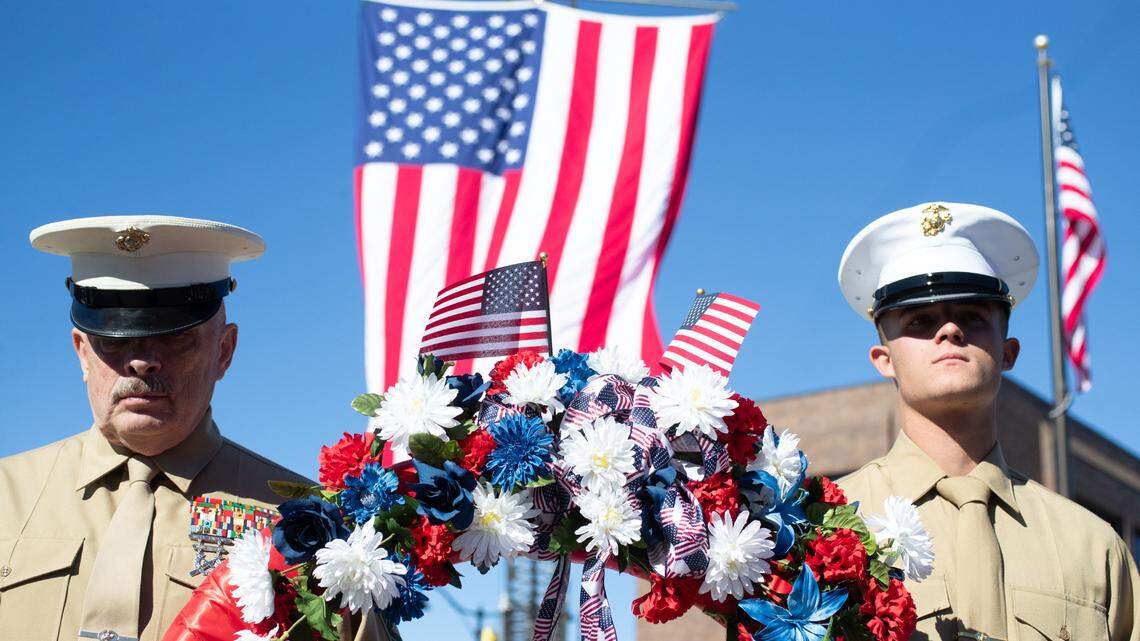 Master Gunnery Sgt. Craig Stafford and Private Micah Fulton prepare to present a wreathe during Belleville’s 26th annual Veterans Day ceremony on Nov. 11, 2024.