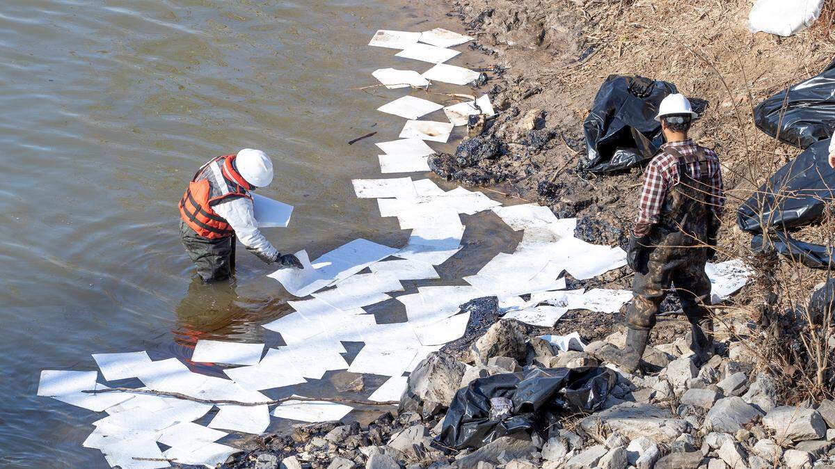 Workers use absorbent pads to remove oil from Cahokia Creek at the spill site. An estimated 163,800 gallons of crude oil leaked from the Marathon Pipe Line after in Edwardsville, some of which flowed into Cahokia creek. The oil leak started Friday morning in Edwardsville near Illinois 143 and Old Alton Edwardsville Road and entered Cahokia Creek, which is parallel to the pipeline. Clean up and repair crews continued on Monday at the main site and several other locations along the creek.