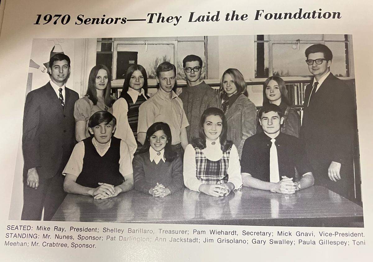 Collinsville High School Class of 1970 officers are pictured in the 1970 yearbook. They commissioned an artist to create a statue of a Kahok Indian as a gift to the school when they graduated.