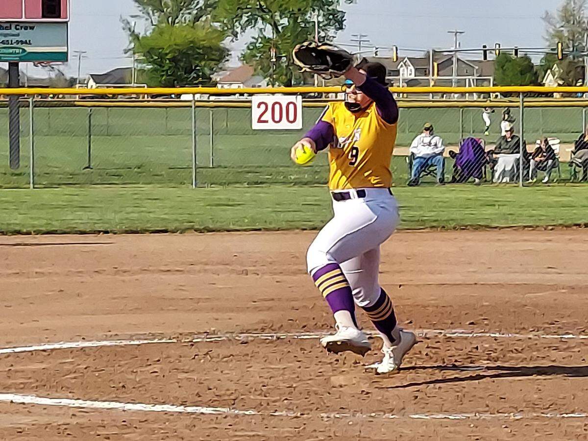 Civic Memorial pitcher Danike Chester winds up for a pitch against Highland during a Mississippi Valley Conference game Monday, April 24, at Highland High School. The Bulldogs ultimately posted a 9-5 victory.