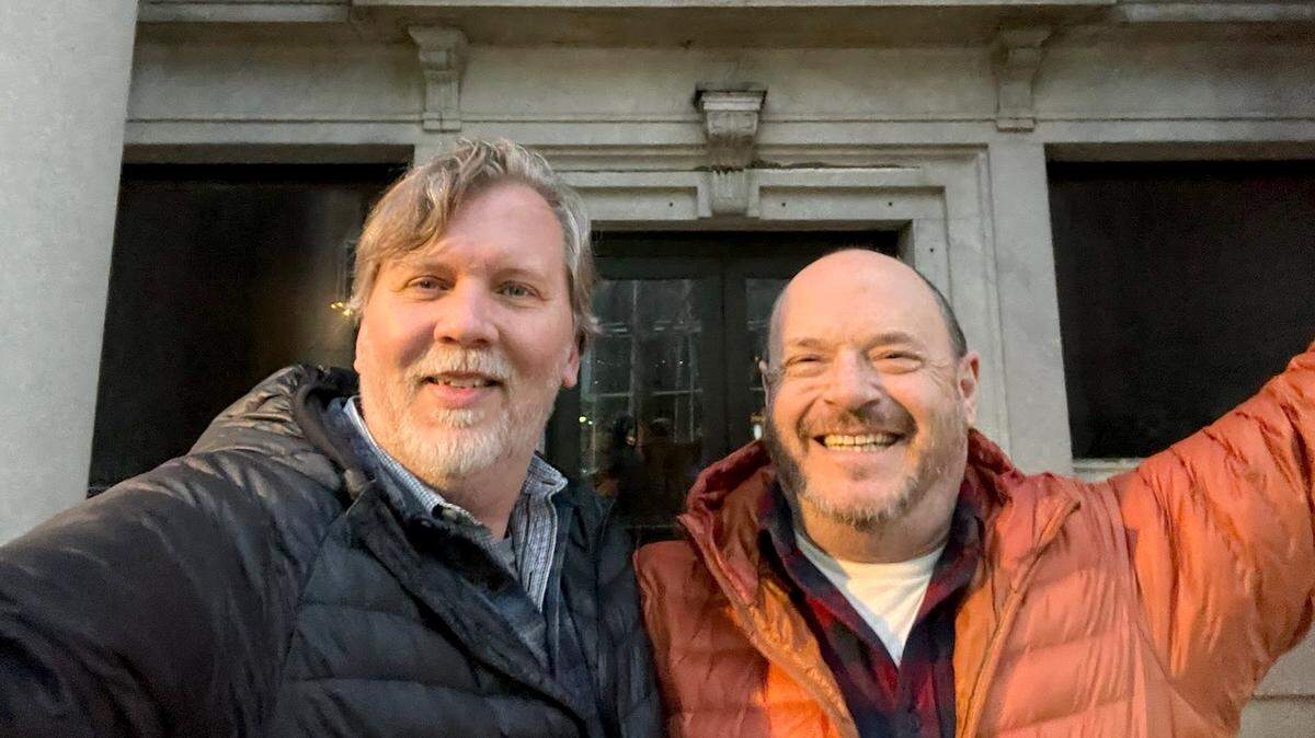 Steve Mathews and Robert Eckman on the day of the closing to purchase the old Belleville Savings Bank building at 20 E. Main St. in downtown Belleville. The couple will open Belleville Books, an independent bookstore, later this year.