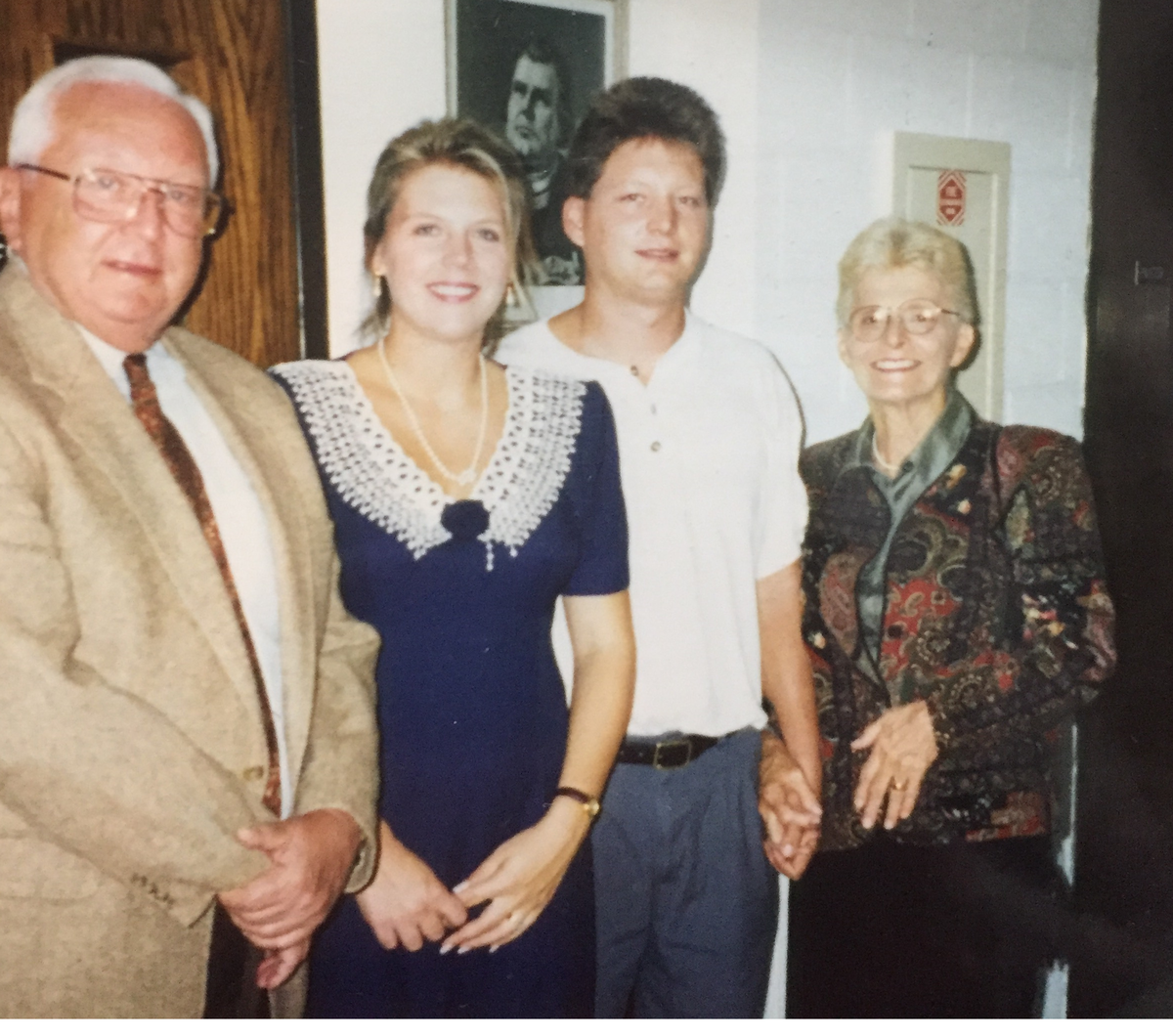 Charlie Clayton, left, poses at the wedding rehearsal of his son, Tom, second from right, in the 1990s. Also shown are Charlie’s daughter, Ann, and his wife, Sally.