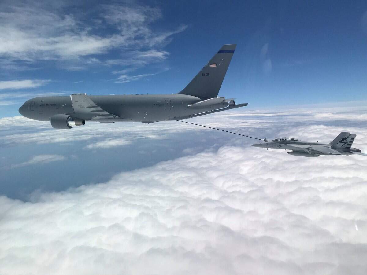 New Hampshire based KC-46A aircrew refuel a U.S. Navy F/A-18F Super Hornet off the coast of Maryland. This marked the first time the aircrew utilized the KC-46A centerline drogue system to refuel an aircraft.