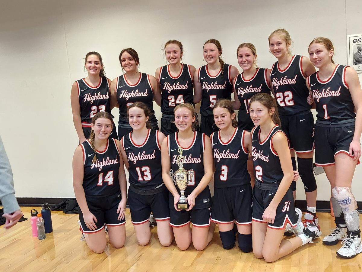The Highland Lady Bulldogs basketball team is pictured here after winning the Mascoutah Invitational Tournament consolation championship Thursday, Dec. 29. Highland went 3-1 in tourney action capped by a 56-42 win against East St. Louis