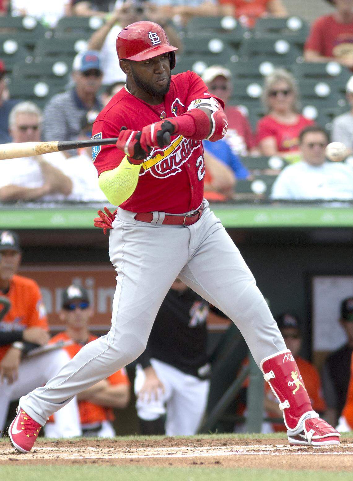 Cardinals cleanup hitter Marcell Ozuna bats against the Washington Nationals during a spring training game at Roger Dean Stadium in Jupiter, Florida.