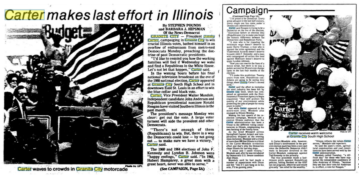 A Belleville News-Democrat story on Nov. 4, 1980, described campaign rallies for President Jimmy Carter in Granite City and East St. Louis on Nov. 3, the day before the general election.