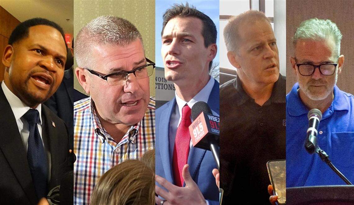 Illinois GOP governor candidates Richard Irvin, Darren Bailey, Jesse Sullivan, Paul Schimpf and Gary Rabine are all pictured in Capitol News Illinois file photos. The six candidates faced off Tuesday night in Chicago — albeit on two separate debate stages — hours after a shooting at a Texas elementary school that dominated a large portion of the debates.