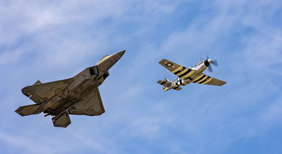 Lockheed Martin F-22 Raptor and P-51 Mustang were part of 2023 Scott Air Force Base Airshow. This photo was taken on Day 2 of the show on Sunday, May 14, 2023