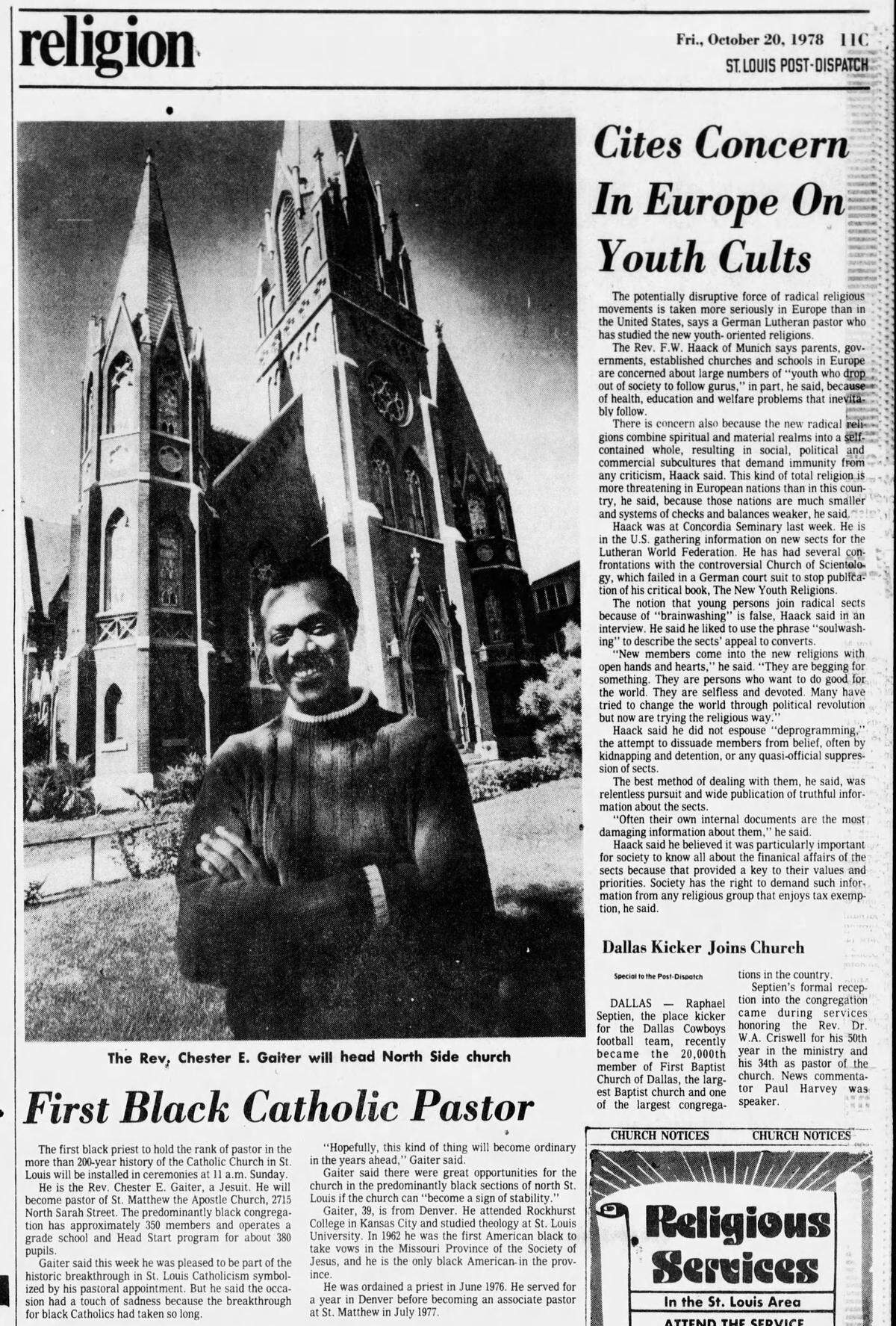 This screenshot of the Friday, Oct. 20, 1978 issue of the St. Louis Post-Dispatch features an interview with Charles E. Gaiter, who was later named on a list of Jesuit priests accused of sexually abusing children.