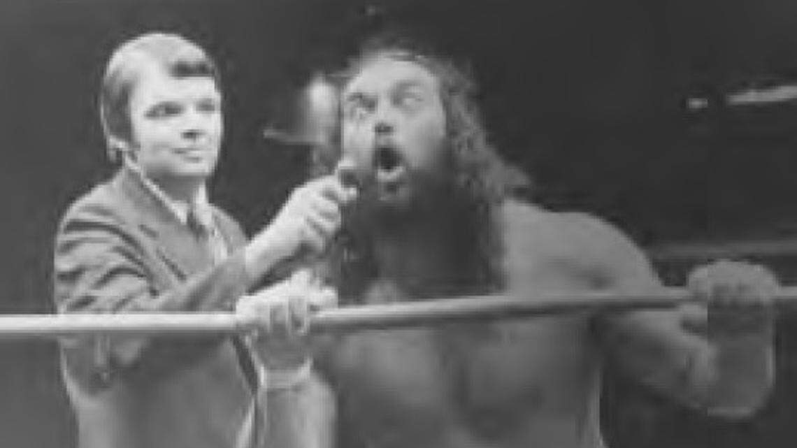Larry Matysik interviews professional wrestler Bruiser Brody following a bout at “Wrestling at the Chase.”