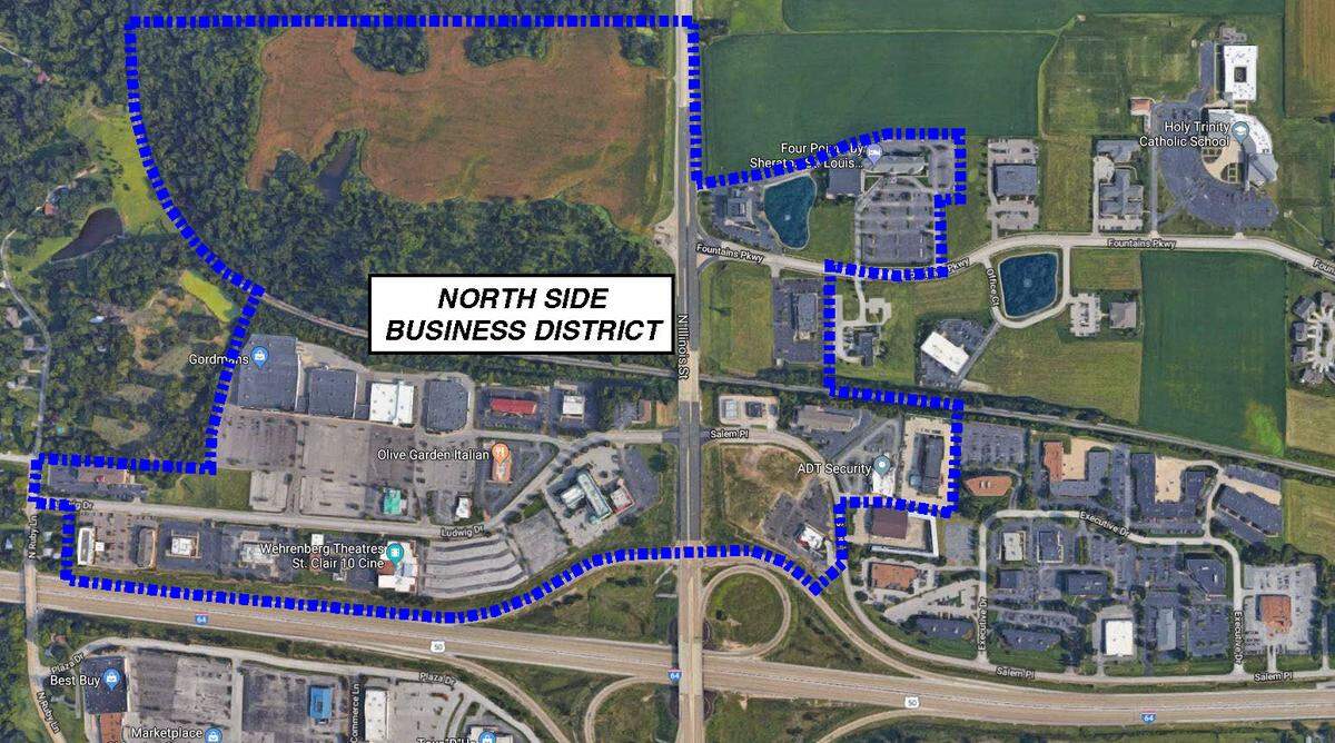 This computer-generated rendering shows possible boundaries of a new Fairview Heights business district, as recommended by a study panel of the Urban Land Institute St. Louis.