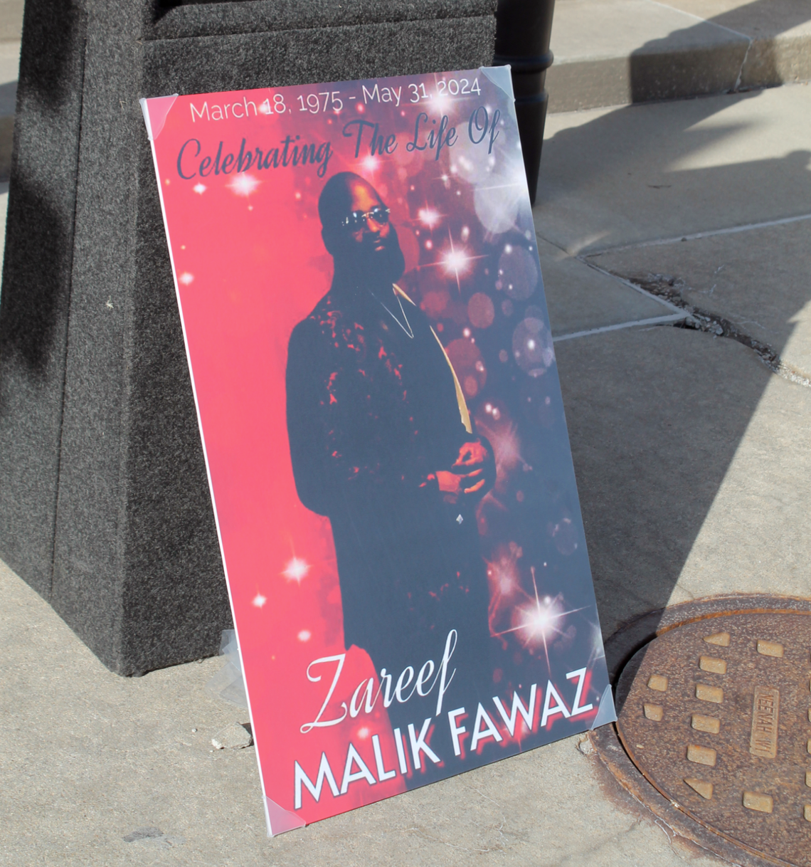 Zareef M. Fawaz, 49, of St. Louis is pictured in this poster displayed at Tuesday’s news conference.