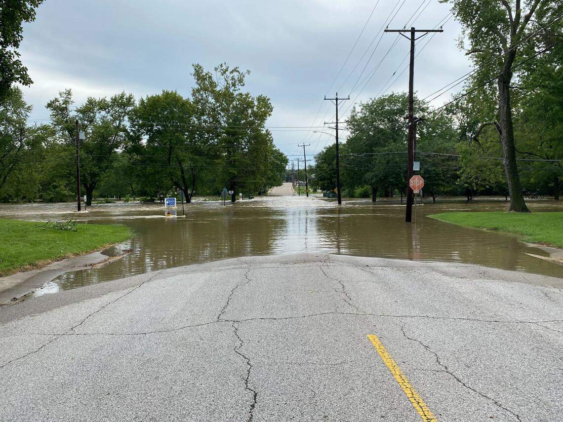 The flooded intersection of W. F Street and N. 2nd Street in Belleville, Ill., on July 16, 2024.