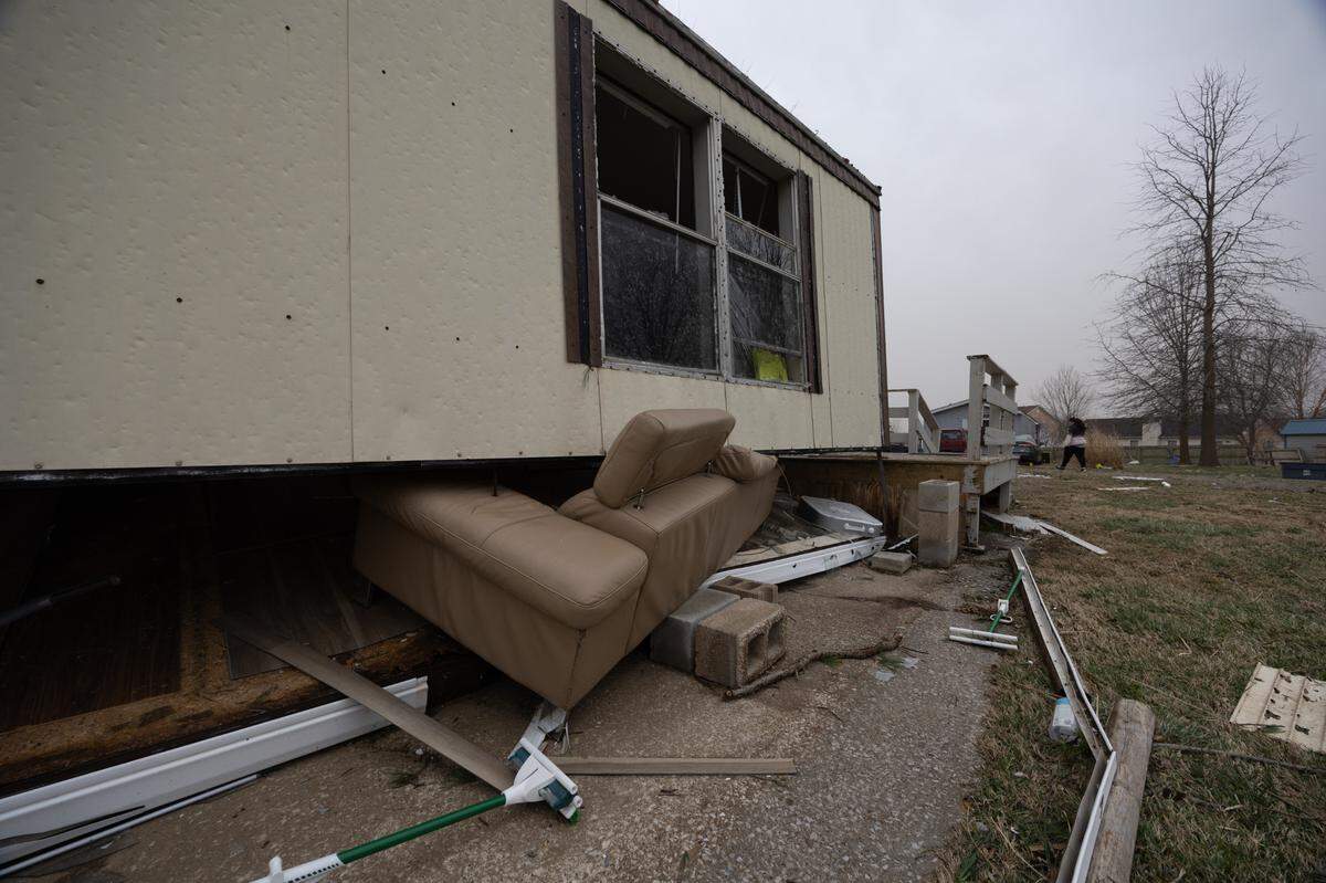 Destroyed homes inside of the Parkview Mobile Home Community in O’Fallon after a suspected tornado passed through Friday night.