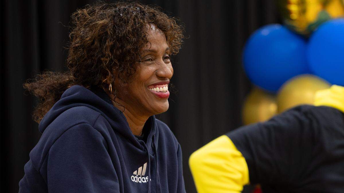 Jackie Joyner-Kersee smiles during a question-and-answer panel with regional student athletes at the Jackie Joyner-Kersee Community Center in East St. Louis, Ill. on April 12, 2024, during in the Winning In Life event.