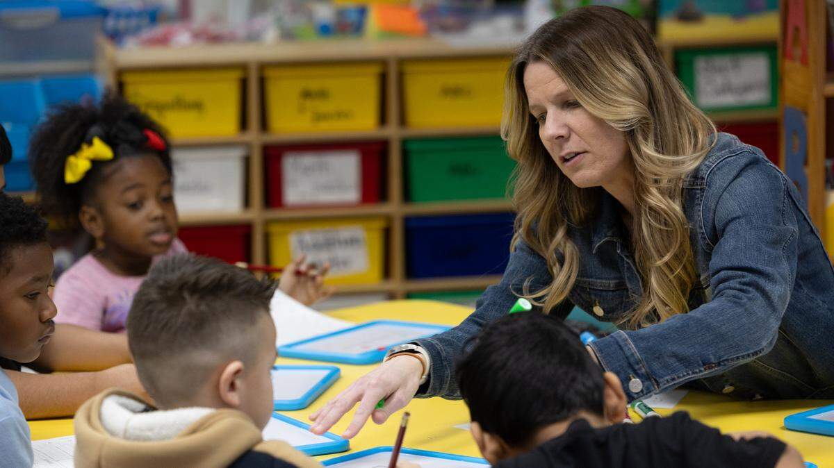 Ms. McMuellen of Avant Elementary School in Washington Park teaches kindergarteners.