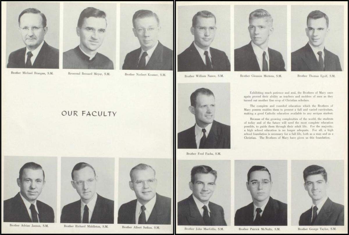 Brother Patrick J. McNulty, bottom row second from right, is shown with other teachers in the 1957 yearbook for Cathedral Central Catholic High School in Belleville.