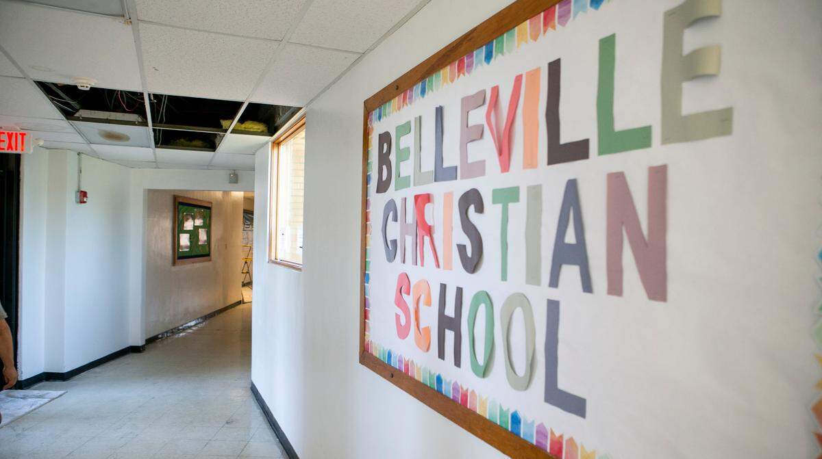 A bulletin board in a hallway in the former Belle Valley School South building welcome students to the new Belleville Christian School.