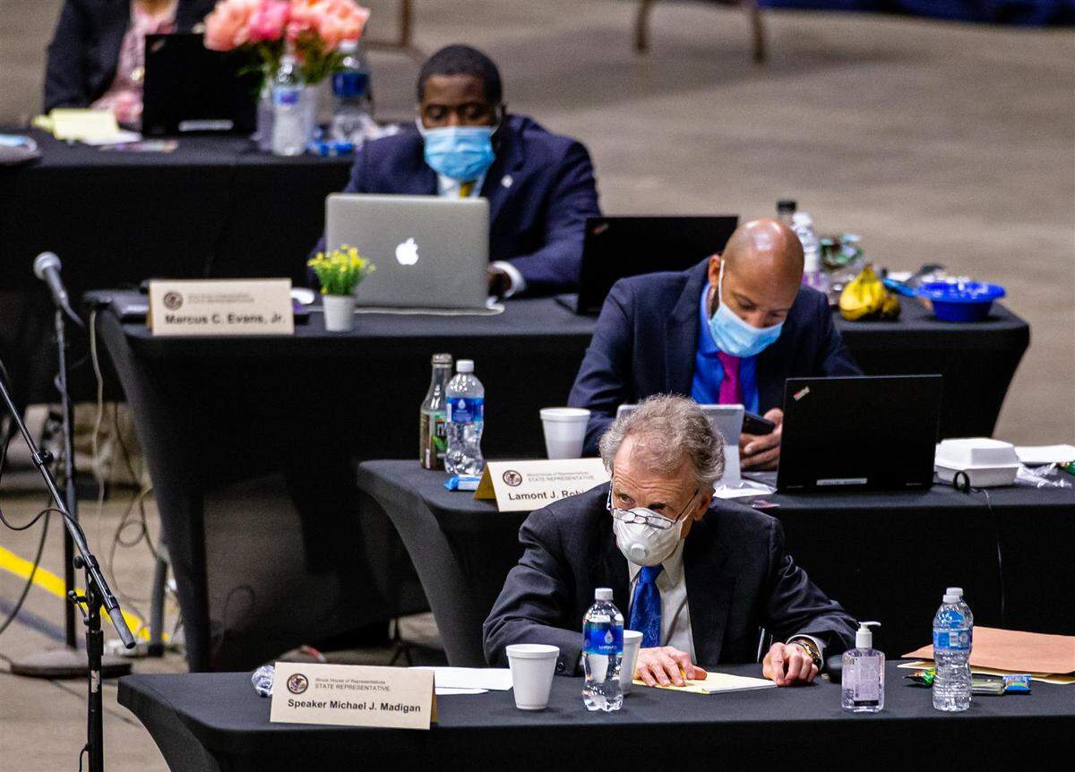 House Speaker Michael Madigan, D-Chicago, listens to debate of legislation during an extended session of the Illinois House of Representatives on May 23 at the Bank of Springfield Center in Springfield. After more than three decades as one of the most powerful men in the state, Madigan faced an uncertain political future as 2020 neared its end.