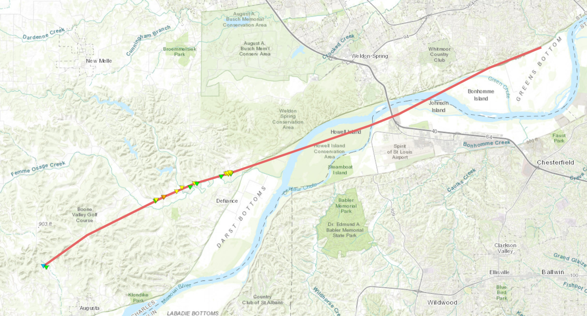 This map shows the path of a tornado that hit near Defiance, Missouri.